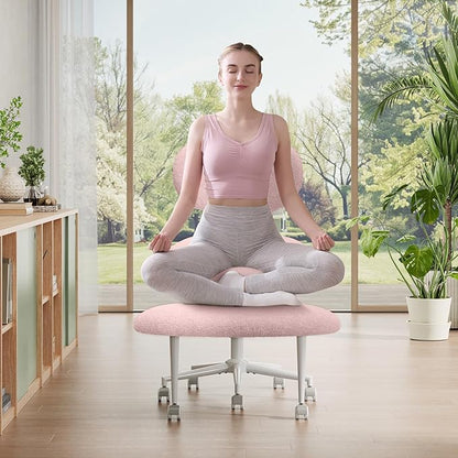 Ergonomic Cross Legged Office Chair with Wheels, ADHD Chair for Adults, Meditation Chair, Yoga Office Chair, Comfortable Back Support, Height Adjustable,Small Spaces, Teddy Fabric, Pink