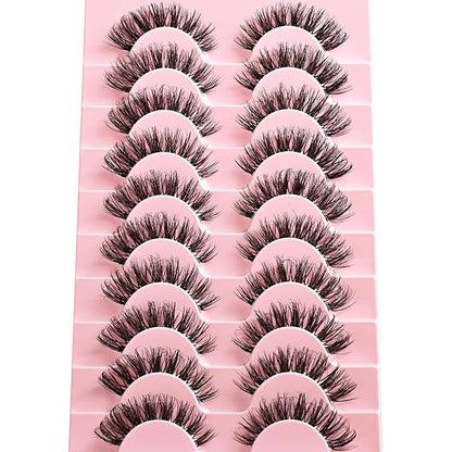 Lashes False Wispy Eyelashes Natural Cat Eye Lash Strips 10 Pairs Fake Mink Eyelash Pack 8-15mm Natural Look Fluffy Strip Lashes Clear Band Easy Eyelashes for Beginners with Cluster Looking