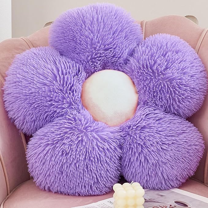 MorroMorn Flower Pillow Shaped Throw Pillows, 20" Floor Pillow Butt Cushion - Fluffy Shaggy Daisy Floral Decorative Pillows for Bed Couch Sofa Chair Cute Plush Faux Fur Room Decor (Lavender)