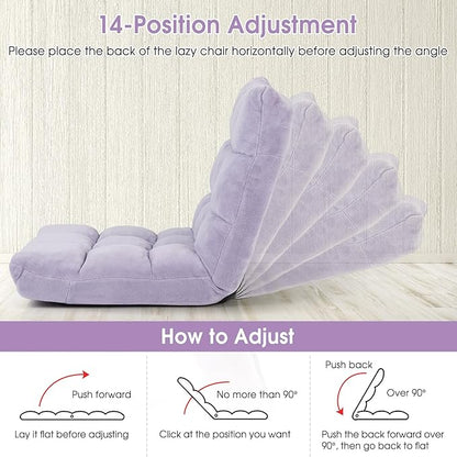 RELAX4LIFE Floor Chair with Back Support - 14-Position Adjustable Lazy Sofa Chair, Padded Sleeper Bed & Couch Recliner for Reading Meditation, Folding Floor Gaming Chair for Adults (Light Purple)