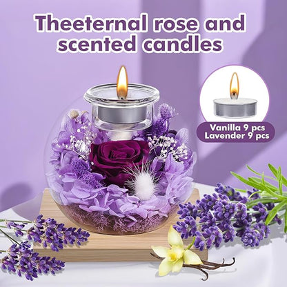 Preserved Roses - Birthday Gifts for Her, Preserved Flower in Glass Dome with Scented, Romantic Gifts for Women, Wife, Girlfriend on Birthday, Anniversary, Thanksgiving Day, Christmas Day-Purple