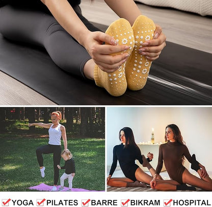 eallco Pilates Socks with Grips for Women Non Slip Yoga Grippy Socks for Barre Barefoot Hospital Workout Cushioned 5 Pairs
