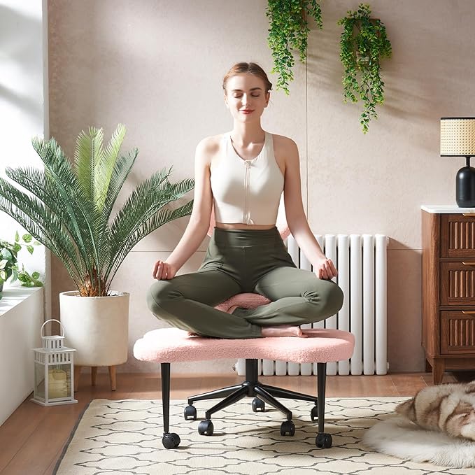 Ergonomic Cross Legged Chair, 360° Swivel Meditation Chair with Wheels, Height Adjustable Seat for ADHD, Strong Lumbar Support, Chic Home Office Furniture, Teddy Fabric, Pink