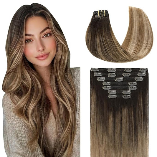 Youngsmile Clip in Hair Extensions Human Hair 18Inch 7Pcs 160g, Brown Fading to Ash Brown Highlight with Medium Blonde Balayage Human Hair Extensions Clip in Double Weft (7C#2/6/18-18Inch)