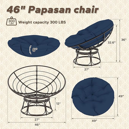 46'' Large Size Papasan Chair with Cushion and Frame, Living Room Chair for Reading, Navy Blue