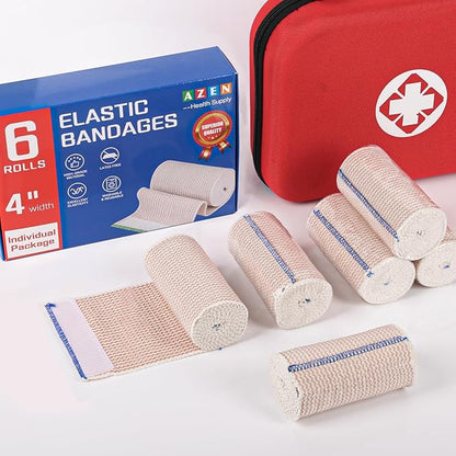 AZEN Premium 6 Pack Elastic Bandage Wrap 4 Inch, Compression Wrap Bandage for Legs, Lymphedema Wraps for Legs, Ankle, Knee, Tummy, Body, Latex-Free