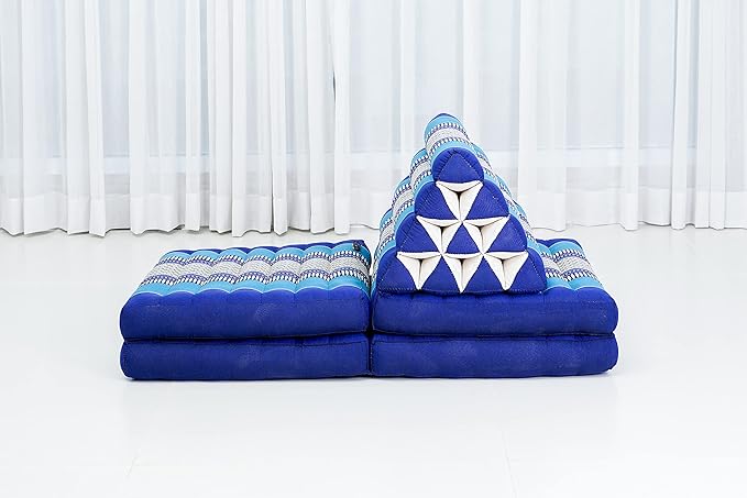 Leewadee Comfortable Japanese Floor Mattress - Thai Floor Bed with Triangle Cushion - Futon Mattress - XL Extra Long Thai Massage Mat, 89 x 20 inches, Blue, Kapok Filling