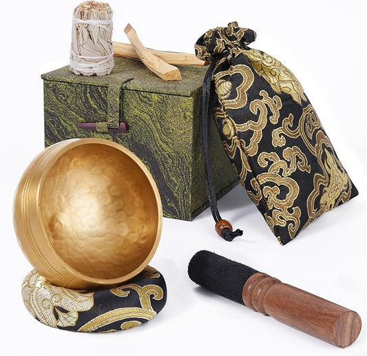 Tibetan Singing Bowl Set (3.15 Inch, copper) - Hand-Hammered, Perfect for Sound Bath, Yoga & Meditation Stress Relief, Comes with Gift Box, Free Palo Santo Wood + California White Sage