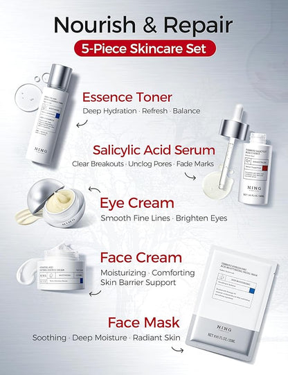 Skin Care Set – Tembusu Essence 8-Step Routine with Amino Cleanser Clay Mask Toner Salicylic Acid Serum Cream Eye Treatment – Hydrating Moisturizing Anti-Aging All Skin Types