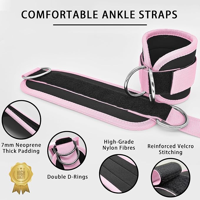 Fitness Ankle Straps for Cable Machines, 2 Pack Comfortable Adjustable Padded Ankle Wrist Cuffs, Kickback Glute Workouts for Men Women, D-Ring Leg Straps with Neoprene Padding