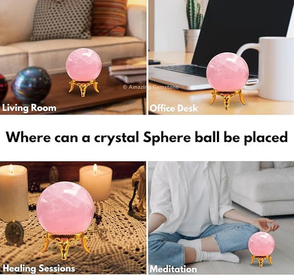 Amazing Gemstone Rose Quartz Crystal Ball with Stand - 2 Inches Crystal Sphere Meditation Balls for Witchcraft and Decorative Balls