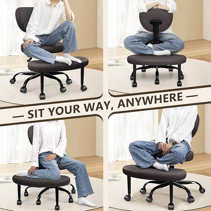 Ergonomic Cross Legged Office Chair with Wheels - Adjustable Height for Meditation, ADHD Desk & Yoga - Wide Criss Cross Design with Lumbar Support, Kneeling Chair - Dark Brown