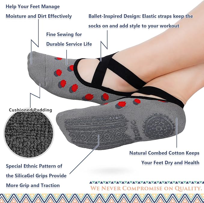 Ozaiic Yoga Socks for Women Non-Slip Grips & Straps, Ideal for Pilates, Pure Barre, Ballet, Dance, Barefoot Workout