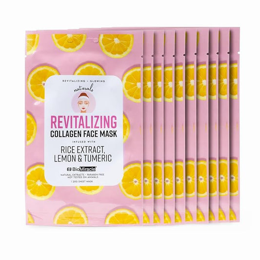 BioMiracle Revitalizing Collagen Face Mask, Infused with Rice Extract, Lemon and Turmeric, 10 Sheets (10 Pack)