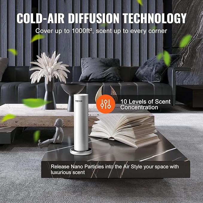 VEVOR Scent Machine for Home, 120ml Bluetooth Smart Essential Oil Diffuser With Cold Air Tech, Waterless Scent Diffuser for Spa, Yoga, Office, Hotel, Cover Up to 1000 sq.ft