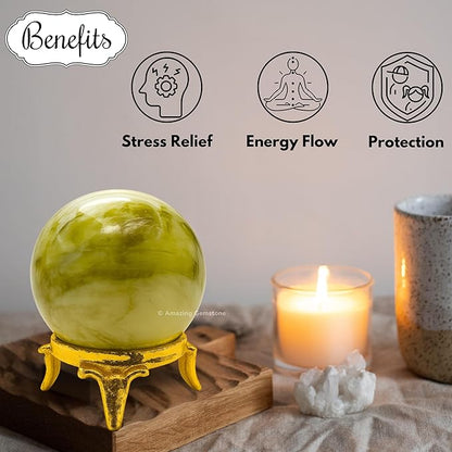 Amazing Gemstone Serpentine Crystal Ball with Stand - 2 Inches Crystal Sphere Meditation Balls for Witchcraft and Decorative Balls