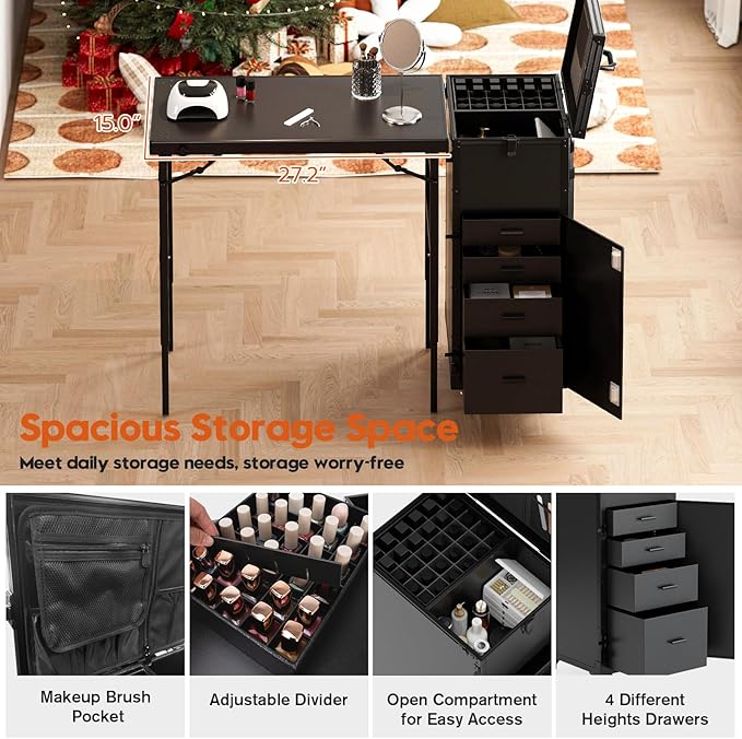 Icoget Rolling Manicure Table on Wheels, Portable Nail Desk, Foldable Nail Table w/Polish Tray and Storage, Traveling Nail Case w/Detachable Adjustable Height Workstation
