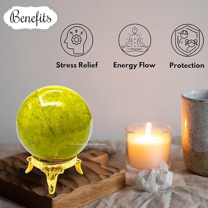 Amazing Gemstone Green Opal Crystal Ball with Stand - 2 Inches Crystal Sphere Meditation Balls for Witchcraft and Decorative Balls