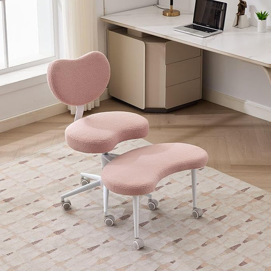 Cross-Legged Meditation Chair with Wheels, Adjustable Desk Chair for Home Office, Ergonomic Floor Seat for ADHD & Yoga, Criss Cross Chair with Lumbar Support, Memory Foam Cushion (Pink-Teddy Fabric)