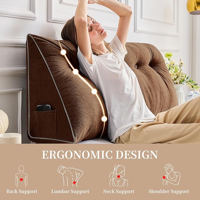 Sasttie Headboard Pillow Queen, Triangular Wedge Pillow Headboard, Wedge Headboard Pillow for Bed Sofa, Daybed Pillows for Sitting up, Reading or Working with Removable Cover, Brown