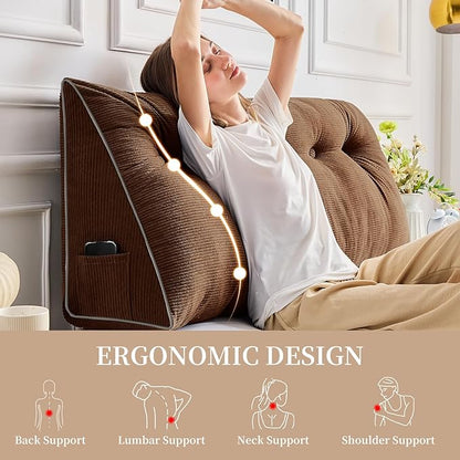 Sasttie Headboard Pillow Queen, Triangular Wedge Pillow Headboard, Wedge Headboard Pillow for Bed Sofa, Daybed Pillows for Sitting up, Reading or Working with Removable Cover, Brown