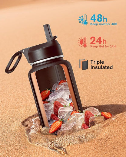 Water Bottle 40 oz Insulated with Straw&Brush, Coolflask Vaccum Stainless Steel Metal 3 Lids Water Flask for Sports, Gym or Office, Keep Cold 48H Hot 24H, Magic Black