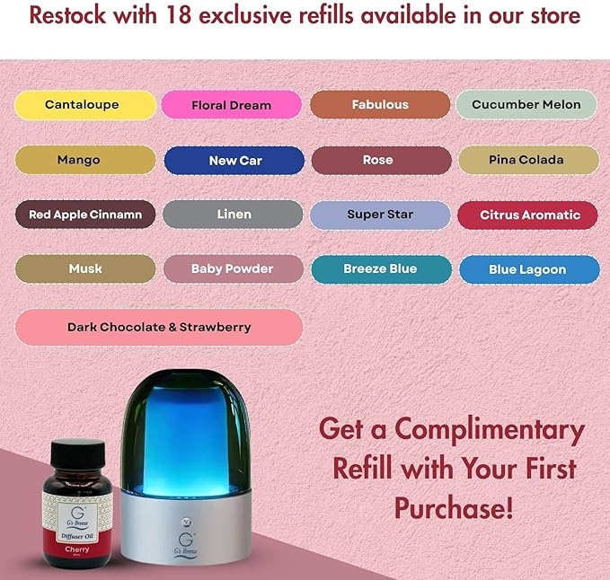 G's Breeze Smart Aroma Diffuser with 60ml Cherry Scent Refill – Bluetooth & Wi-Fi App Control - LED Lighting & Adjustable Intensity -Long-Lasting Sweet Fruity Fragrance for Home or Office
