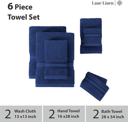 LANE LINEN Luxury Bath Towels Set - 6 Piece Set, 100% Cotton Bathroom Towel, Zero Twist, Quick Dry Shower Towels, Extra Soft Absorbent Towel, 2 Bath Towels, 2 Hand Towels, 2 Wash Cloths - Navy