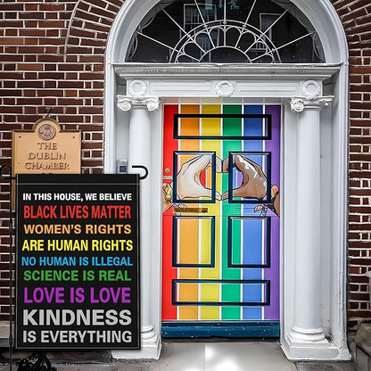 Pride Garden Flag 12x18 Inch In This House We Believe Garden Flag Science Is Real Black Lives Matter Yard Sign Flag 3ply Fabric Double Sided Printing for Outdoor House Yard Outside Garden Decor