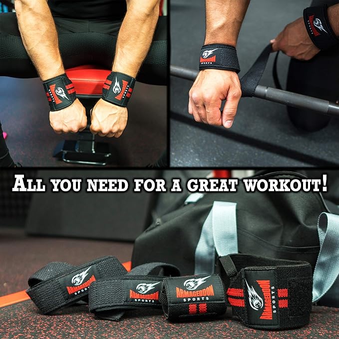 Premium Wrist Weightlifting Straps Pair + Wrist Wraps Pair + Carry Bag, Perfect Weight Lifting Bundle, Heavy Duty Made for Deadlifts, Gym, Powerlifting, Strong Grip Support - For Men and Women