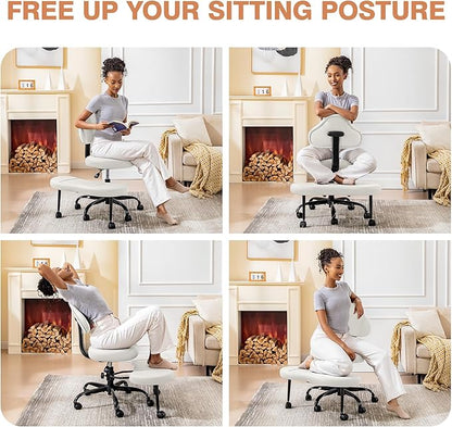 Cross Legged Office Chair, Criss Cross Desk Chair ADHD Meditation Kneeling Yoga Seat with Adjustable Height, Lumbar Support, Wider Footrest and Wheels (White)