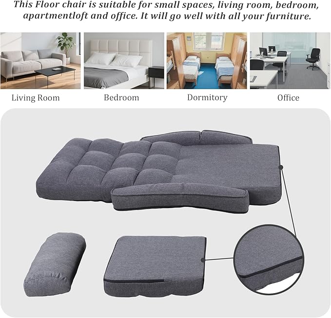 Adjustable Floor Chair for Adults with Back Suppor,5-Position Folding Lazy Sofa with Pillow, Gaming & Meditation Chair with Breathable Fabric - for Living Room, Bedroom, Office,Balcony (Grey)