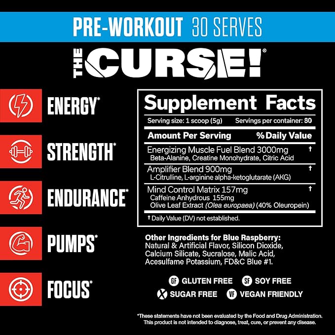 JNX SPORTS The Curse! Pre Workout Powder for Men & Women, Caffeine, Beta-Alanine, Creatine, L-Citrulline, 30 Servings, Blue Raspberry Flavor – Boost Energy, Strength & Focus