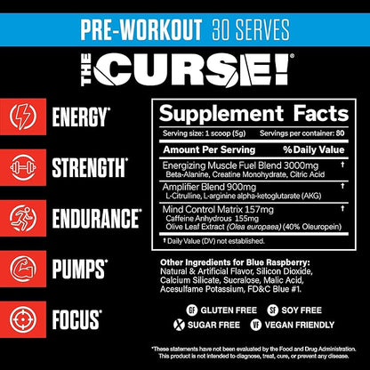 JNX SPORTS The Curse! Pre Workout Powder for Men & Women, Caffeine, Beta-Alanine, Creatine, L-Citrulline, 30 Servings, Blue Raspberry Flavor – Boost Energy, Strength & Focus