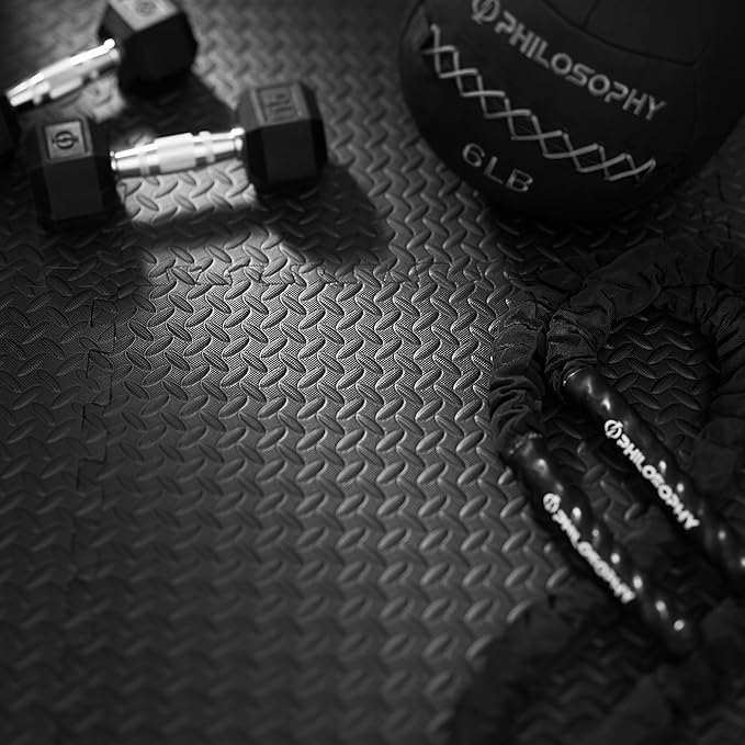 Philosophy Gym Pack of 6 Exercise Flooring Mats - 24 x 24 Inch Foam Rubber Interlocking Puzzle Floor Tiles - Black