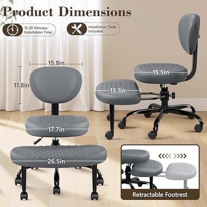 Ergonomic Cross Legged Office Chair with Wheels - Adjustable Height for Meditation, ADHD Desk & Yoga - Wide Criss Cross Design with Lumbar Support, Kneeling Chair - Dark Gray
