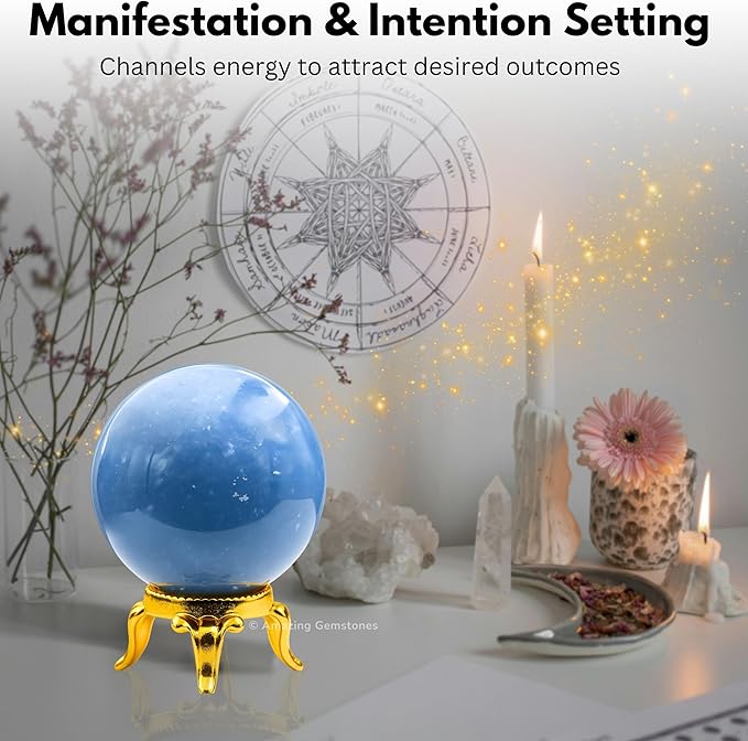 Amazing Gemstone Angelite Crystal Ball with Stand - 2" Inches Crystal Sphere Meditation Balls for Witchcraft and Decorative Balls