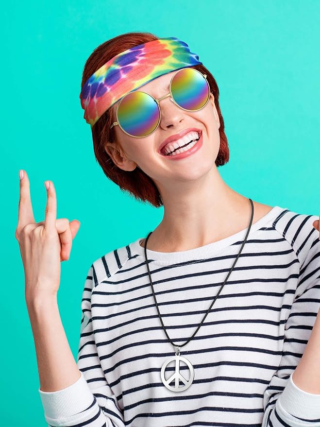 Norme 3 Pcs Hippie Costume Accessories 70s Peace Sign Necklace Tie Dye Hippie Headband Sunglasses Halloween Party Decor