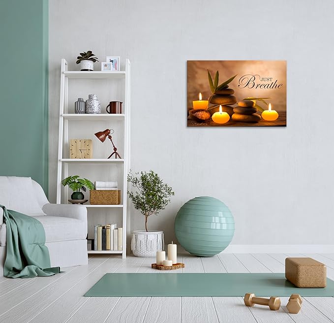 YIOZHAOFH Zen Wall Decor Just Breathe Motivational Bathroom Wall Art Yoga Room Poster for Women Spa Picture Painting Spiritual Artwork Framed for Living Room Ready to Hang (28L x 44W)