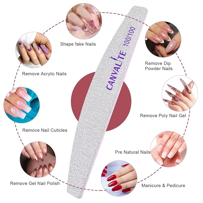 Canvalite 10pcs 100 Grit Nail Files for Acrylic Nails Emery Board Nail Styling Tools for Home and Salon Use