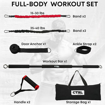 Resistance Band Bar for Fitness - Workout for Exercise, Squat, Biceps, Triceps, Shoulders, Back - Adjustable 3 Parts for Resistance Bands - Durable Portable Steel Pilates Bar