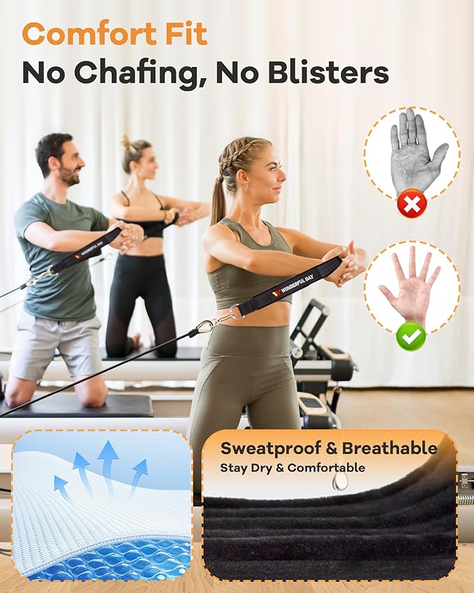Wonderful Day 2PCS Pilates Straps for Reformer, Comfortable Enhanced Thickness, Fitness D-Ring Double Loop Exercise Straps for Home Gym Workout (Black)