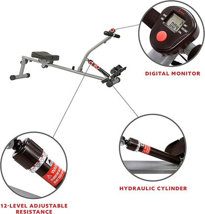 Sunny Health & Fitness Compact Adjustable Rowing Machine with 12 Levels of Resistance for Complete Body Workouts and Optional Free SunnyFit App Enhanced Connectivity