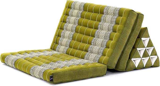 Leewadee Comfortable Japanese Floor Mattress - Thai Floor Bed with Triangle Cushion - Futon Mattress - XL Extra Wide Thai Massage Mat, 67 x 31 inches, Green, Kapok Filling