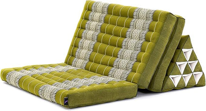 Leewadee Comfortable Japanese Floor Mattress - Thai Floor Bed with Triangle Cushion - Futon Mattress - XL Extra Wide Thai Massage Mat, 67 x 31 inches, Green, Kapok Filling