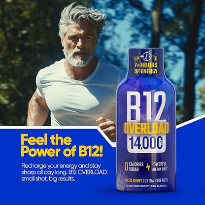 B12 Overload Extra Strength Energy Shot – Mixed Berry – 260mg Caffeine, 14000% B12, Electrolytes – Energy & Vitality Support – Zero Sugar No Calories – Vegan, Kosher, Gluten-Free – 1.93 fl oz, 48-Pack