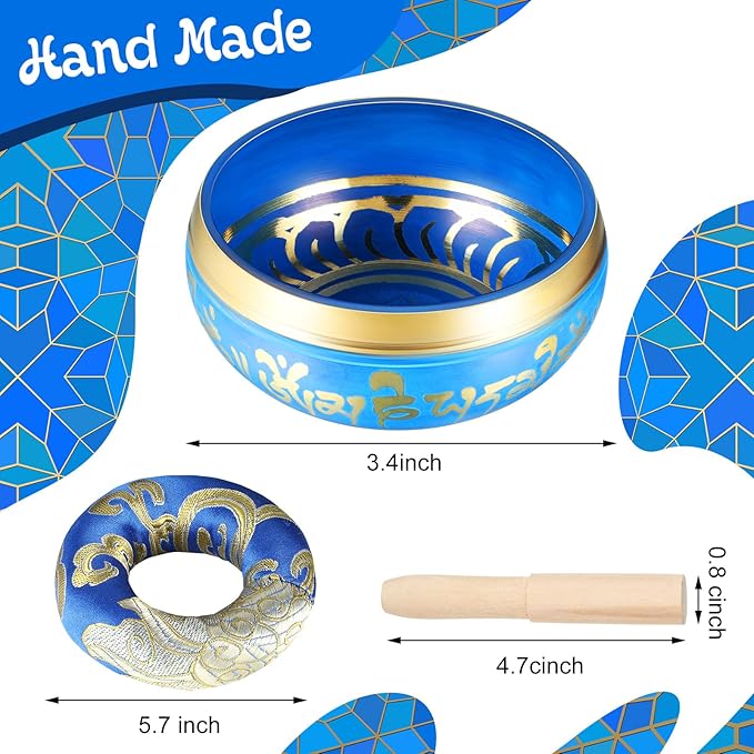 BBTO Tibetan Singing Bowls Set for Healing 3.4'' Meditation Sound Bath Bowl 7 pcs Chakra Crystal Stones Mallet Cushion Chakra Bracelet Pendant(Blue)