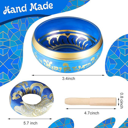 BBTO Tibetan Singing Bowls Set for Healing 3.4'' Meditation Sound Bath Bowl 7 pcs Chakra Crystal Stones Mallet Cushion Chakra Bracelet Pendant(Blue)