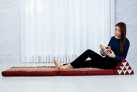 Leewadee Comfortable Japanese Floor Mattress - Thai Floor Bed with Triangle Cushion - Futon Mattress - XL Extra Long Thai Massage Mat, 89 x 20 inches, Green Red, Kapok Filling