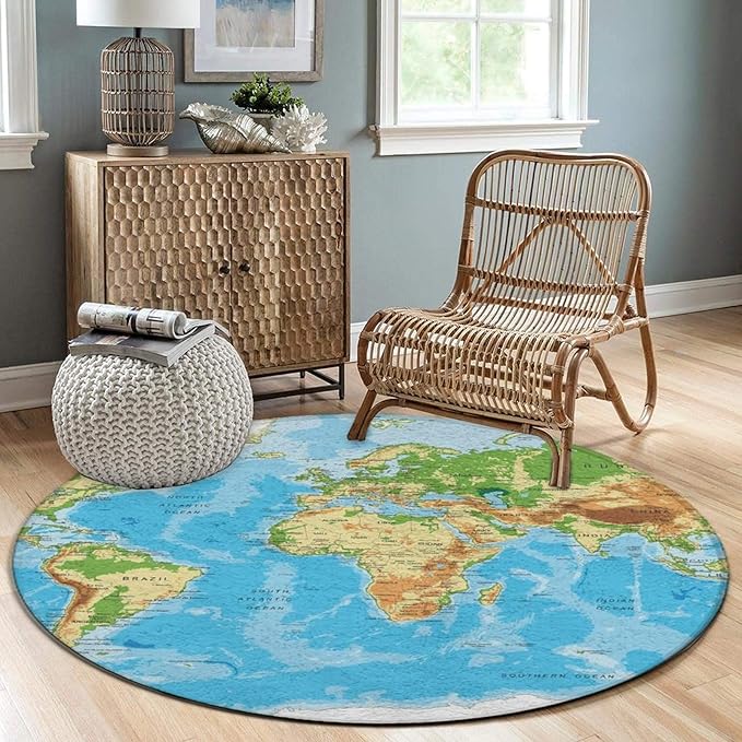 Soft Round Yoga Carpet, Large Home Decor Mat, Non-Slip Machine Washable Kitchen Office Circle Rug Compatible with World Map